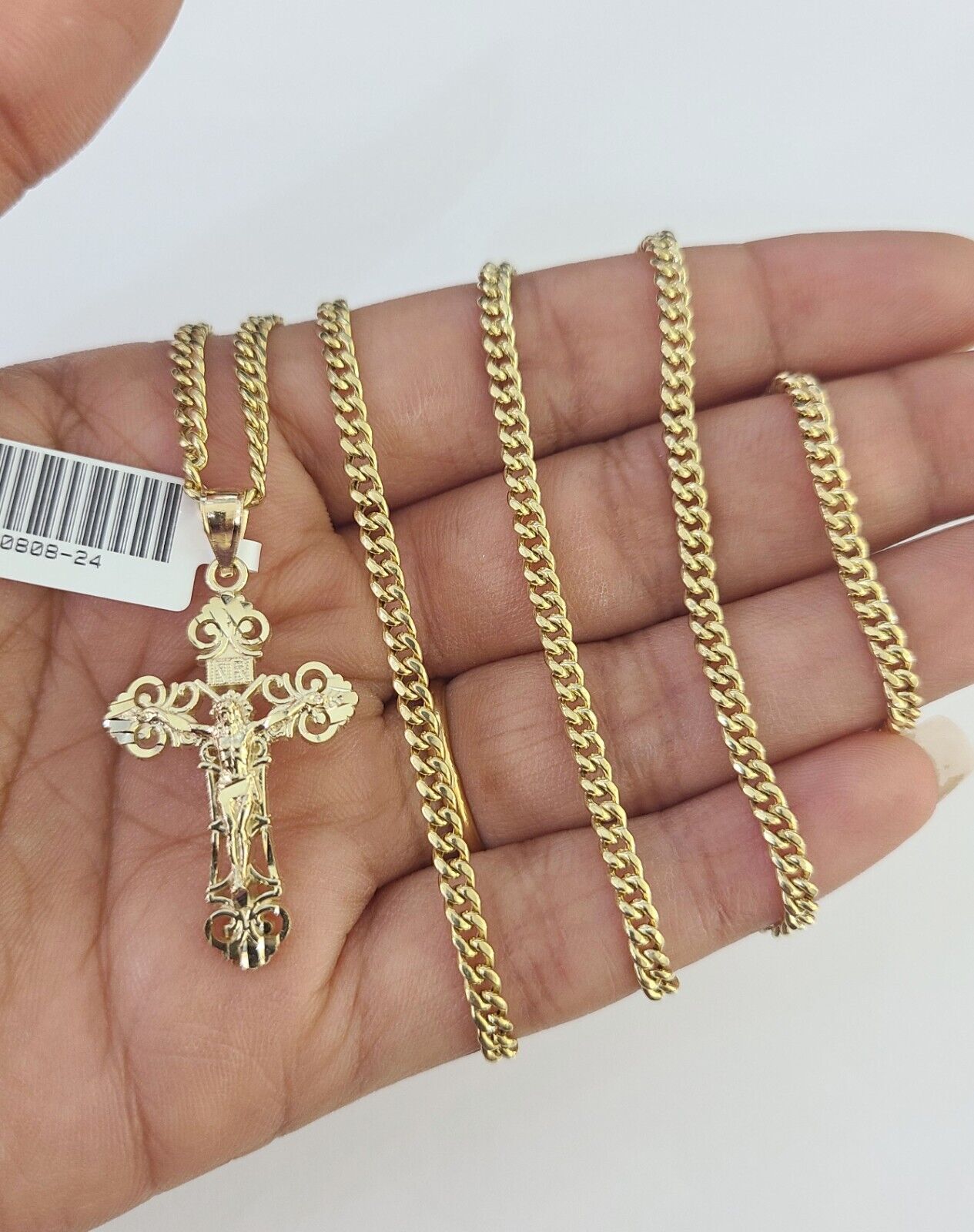 10K Gold Miami Cuban Chain Jesus Cross Charm 18"-30" 3mm REAL Pendant