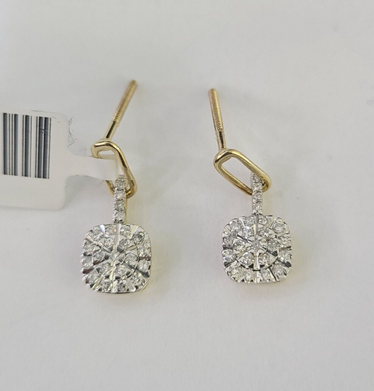 10k Diamond Cushion Earrings Ladies Drop Yellow gold Real Screw-Back studs