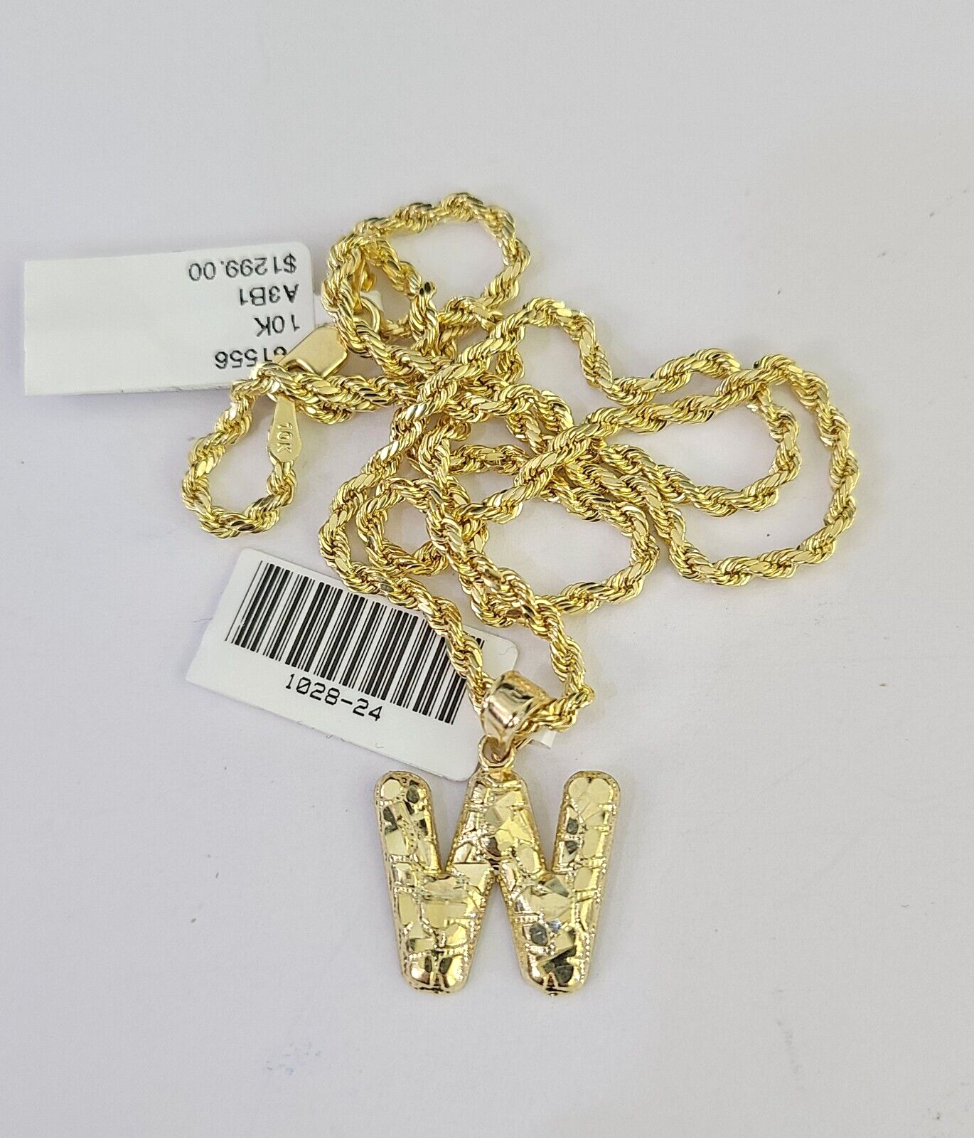 10k Gold Initial W Charm Rope Chain 16"-26" 2.5mm SET Necklace Alphabet Pendant