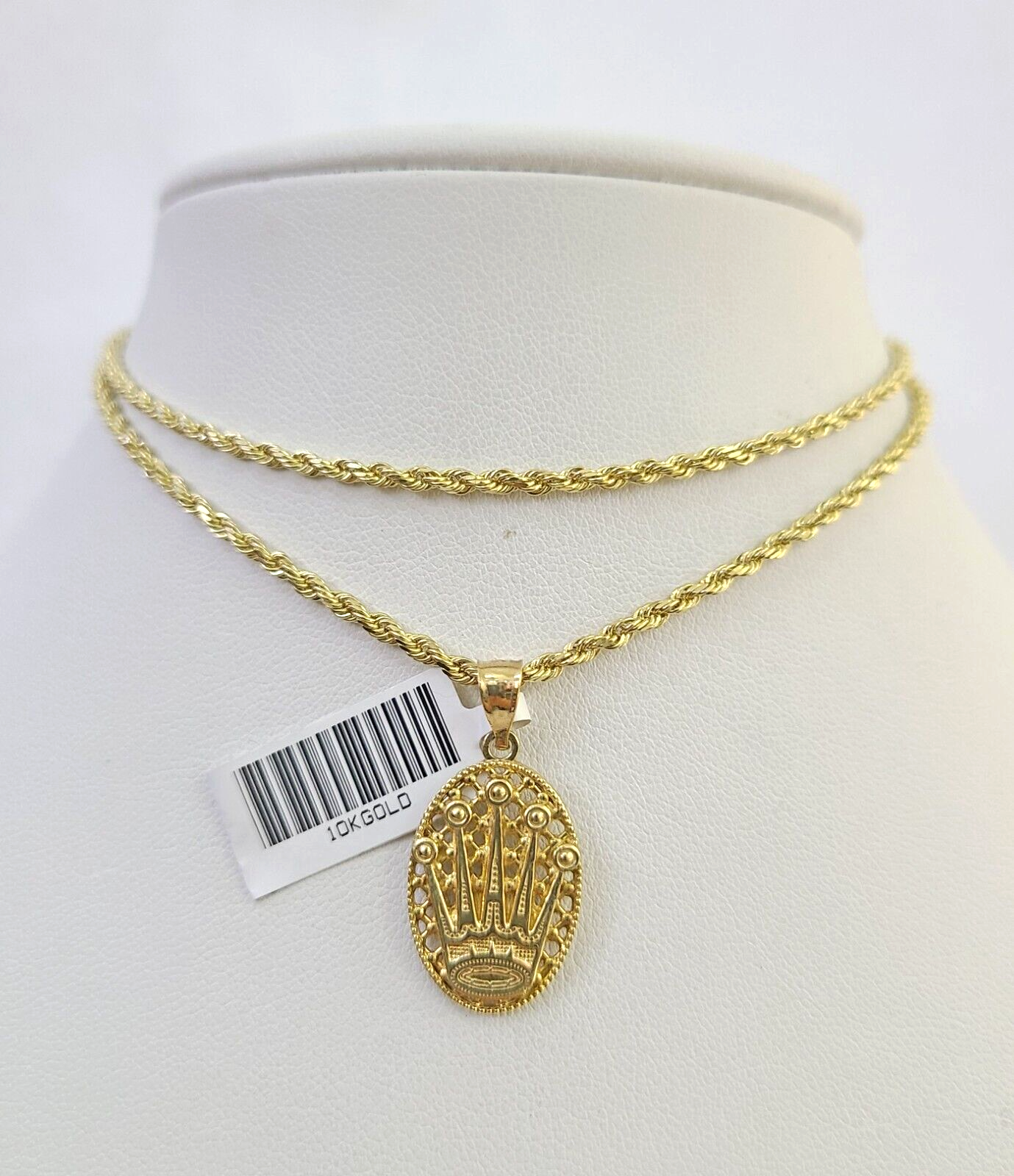 10k Solid Rope Chain Crown Pendant Charm Necklace 18-24" SET 2mm