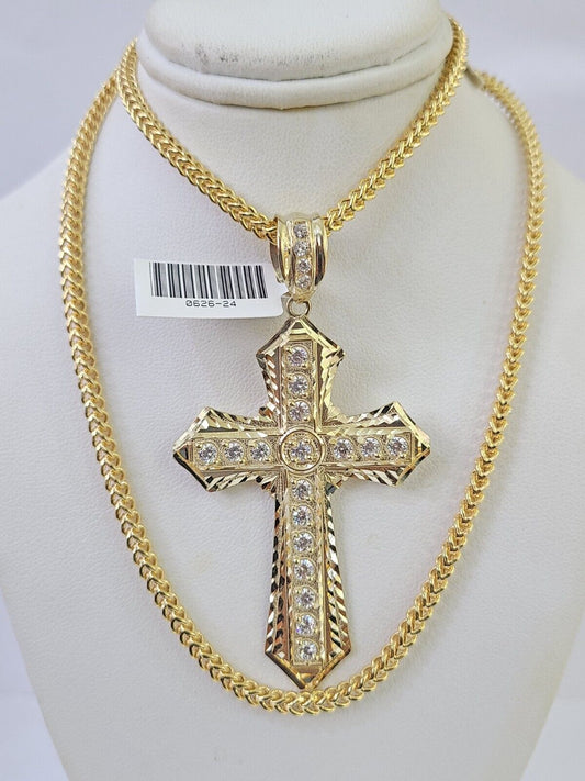 10K Franco Chain Jesus Cross Pendant Charm Necklace 20"-26" 3mm Gold