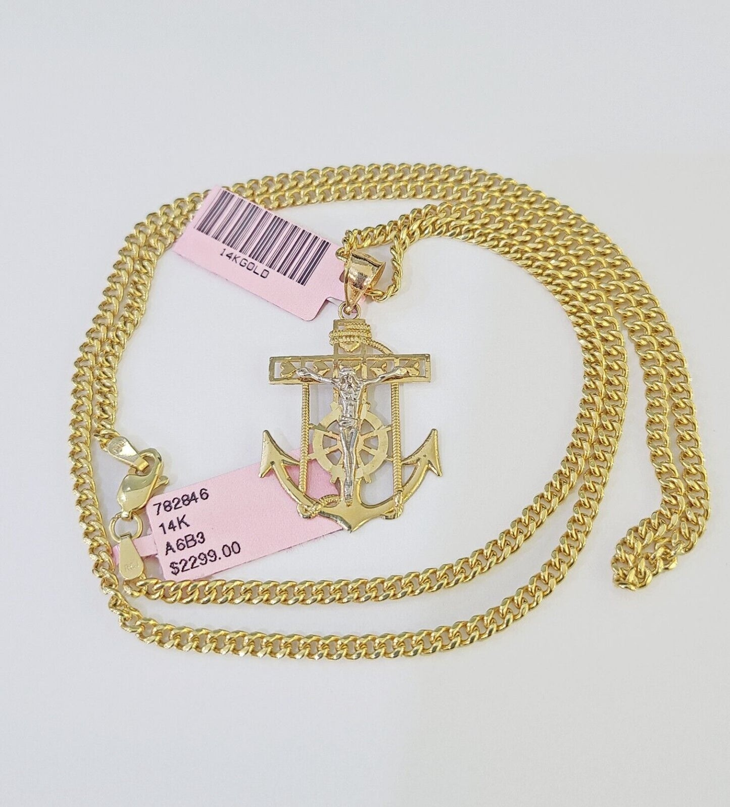 14k Yellow Gold Miami Cuban Chain Jesus Anchor Charm Set 3mm 18"-26" Necklace