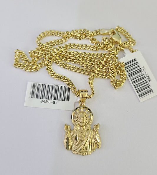 10K Gold Miami Cuban Chain Jesus Charm 18"-28" 3mm REAL Pendant Necklace SET