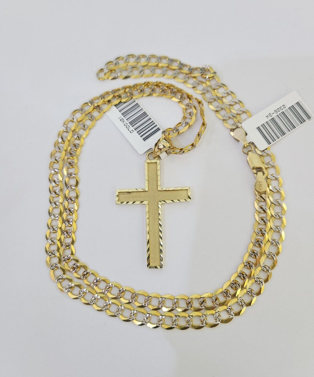 10k Gold Chain Cross Charm Solid Cuban Curb Link 5mm 18"-28" Inch DiamondCut SET