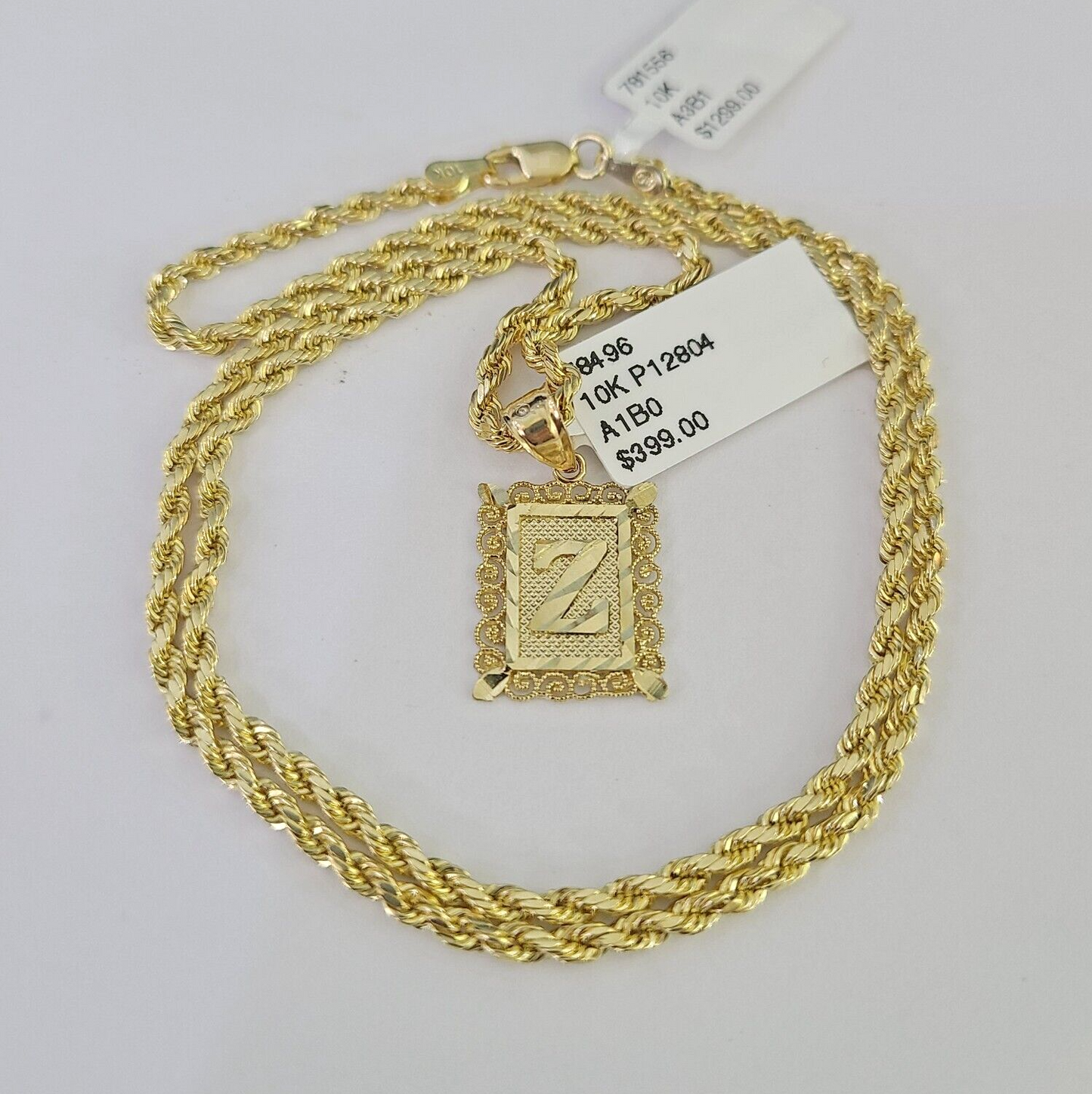 10k Gold Initial Z Charm Rope Chain 16"-26" 2.5mm SET Necklace Alphabet Pendant