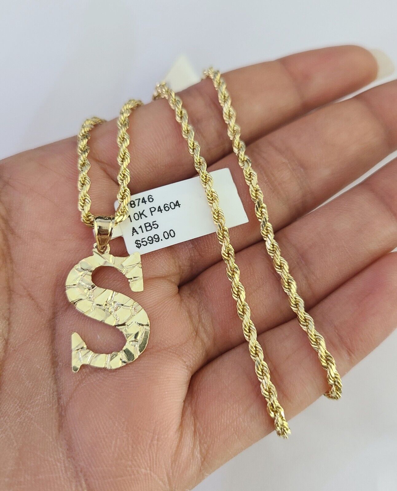 10k Gold Initial S Charm Rope Chain 16"-26" 2.5mm SET Necklace Alphabet Pendant