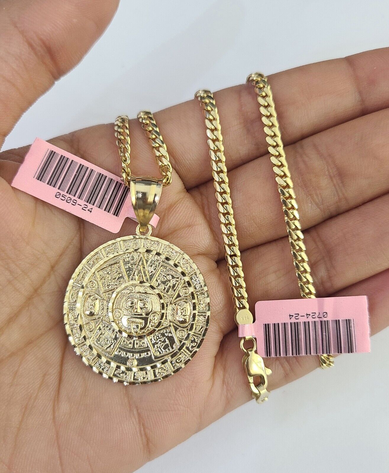 Real 14k Solid Chain Mayan Calendar Charm Set Miami Cuban 3mm Necklace Pendant