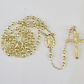 Real 14k Gold Rosary Necklace INRI Jesus Cross Women 22" Diamond Cut Solid