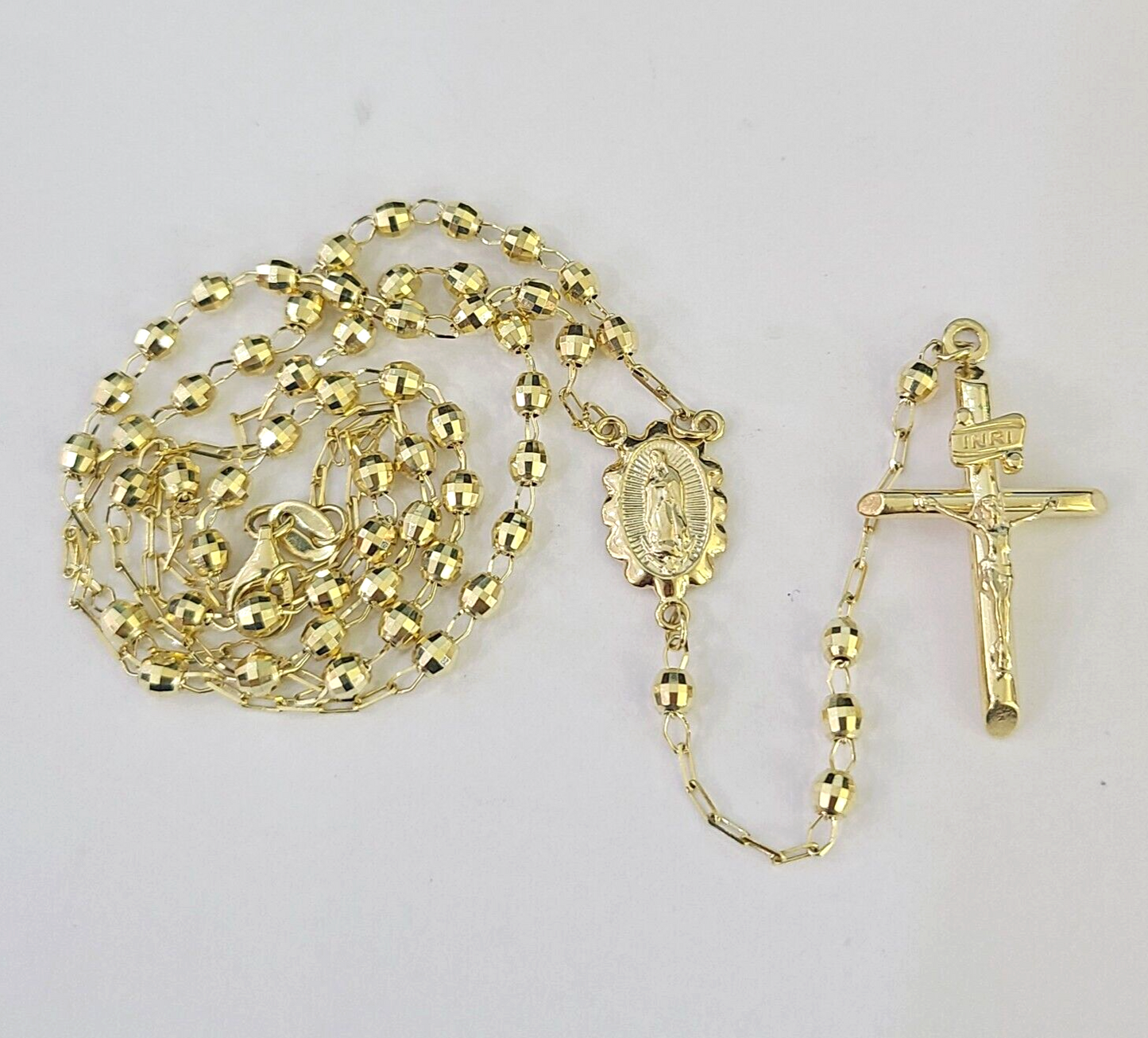 Real 14k Gold Rosary Necklace INRI Jesus Cross Women 22" Diamond Cut Solid