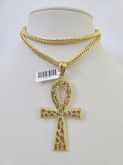 10K Franco Chain Jesus Ankh Cross Pendant Charm Necklace 20"-28" 4mm Gold Yellow