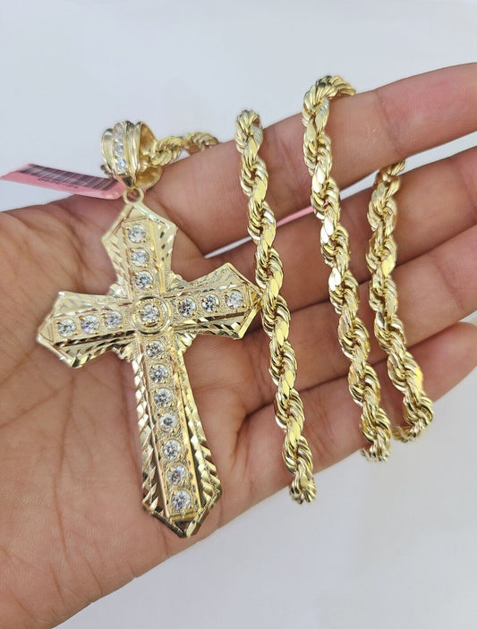 Real 14k Rope Chain Jesus Cross Charm Set 6mm 18"-28" Necklace Yellow Gold