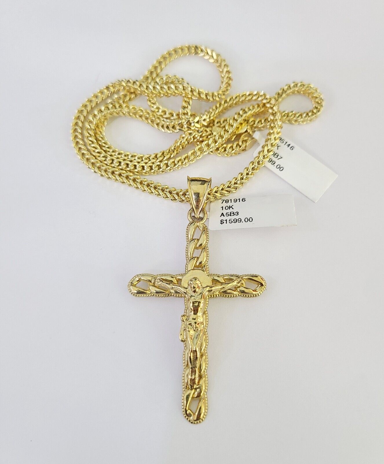 10K Franco Chain Jesus Cross Pendant Charm Necklace 20"-26" 3mm Gold Yellow SET