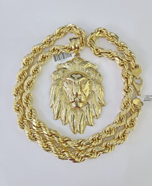 Real 10k Rope Chain Lion Charm Set 10mm 20"-30" Inch Necklace Yellow Gold