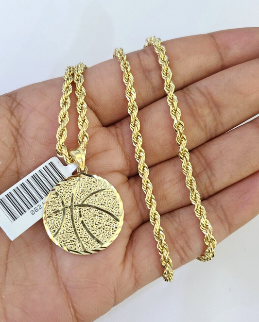 10k Solid Rope Chain 3mm Basket Ball Pendant Charm Necklace SET 18-26 in