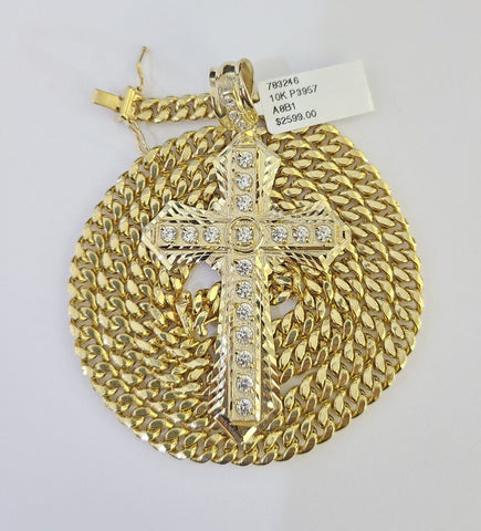 10K Miami Cuban Link Chain Jesus Cross Pendent Charm 6mm 20"-30" Necklace