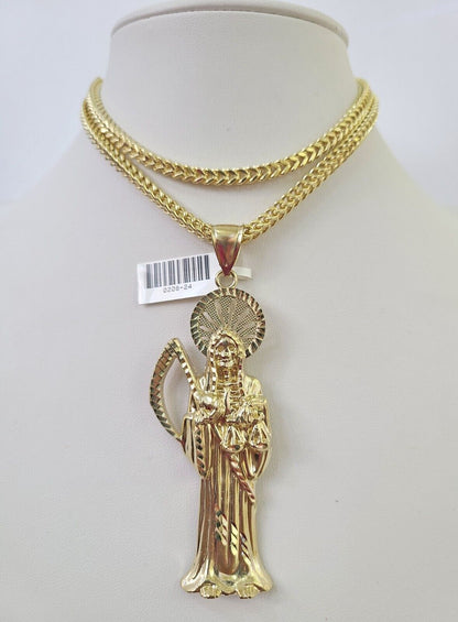 10K Franco Chain Saint Reaper Pendant Charm Necklace 20"-28" 4mm Gold SET Yellow