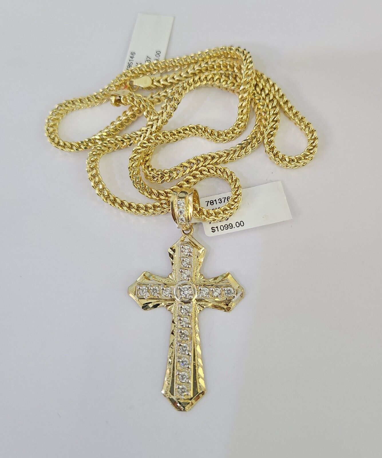 10K Franco Chain Jesus Cross Pendant Charm Necklace 20"-26" 3mm Gold Yellow SET