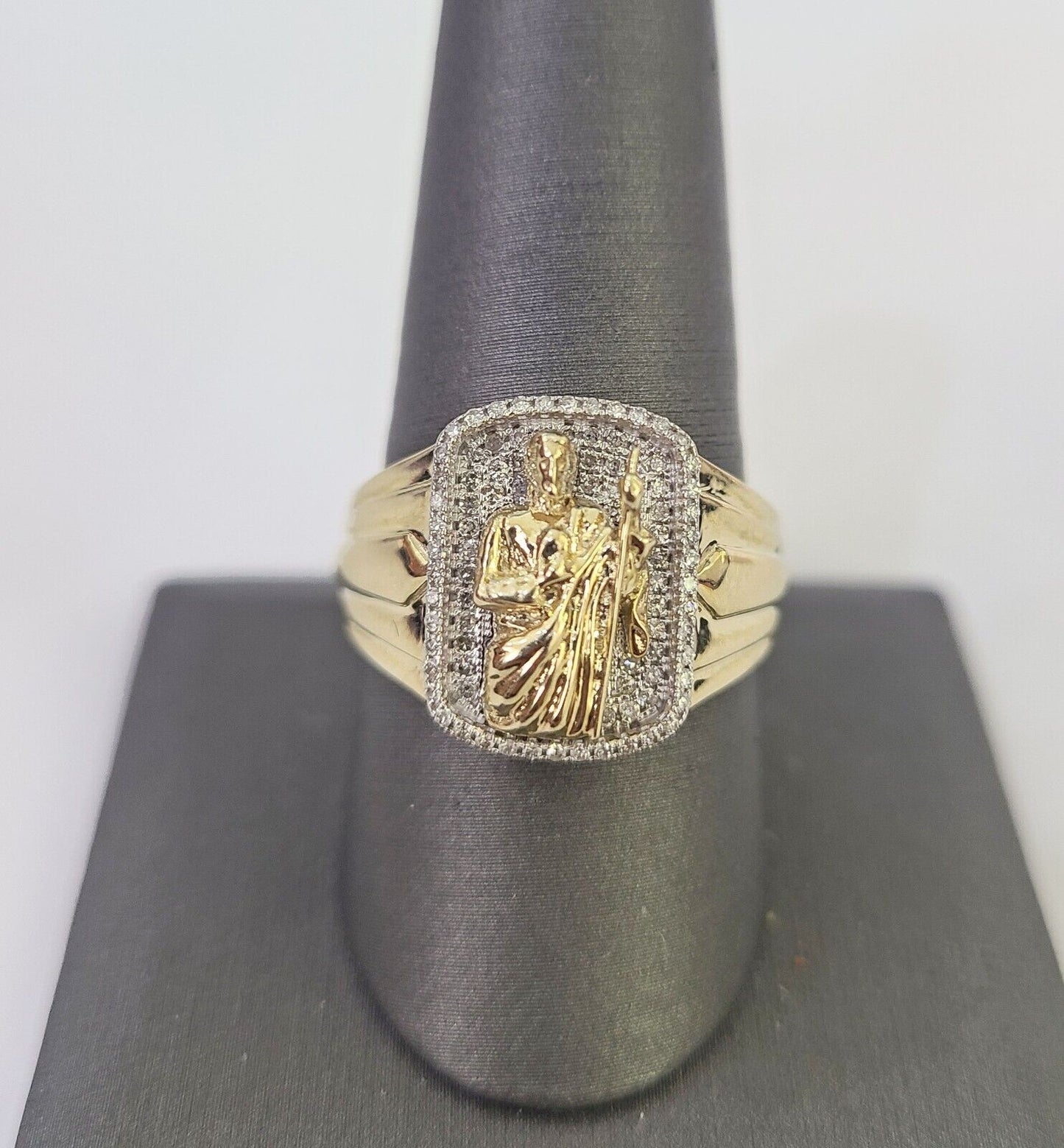 Real 10k Diamond Mens Ring Saint Jude Band Yellow Gold Casual Genuine Natural