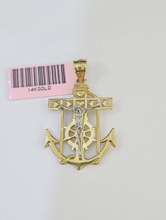 14k Yellow Gold Miami Cuban Chain Jesus Anchor Charm Set 4mm 18"-26" Necklace