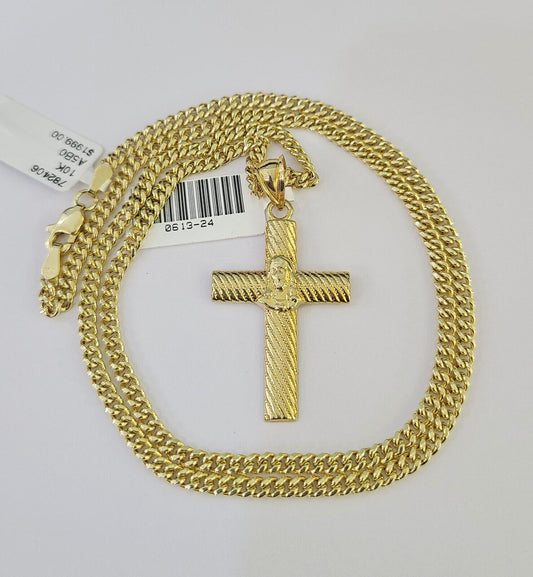 10K Gold Miami Cuban Chain Jesus Cross 18"-28" 3mm REAL Pendant Necklace SET