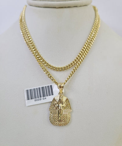 10K Gold Miami Cuban Chain Pharaoh 18"-28" 3mm REAL Pendant Necklace SET