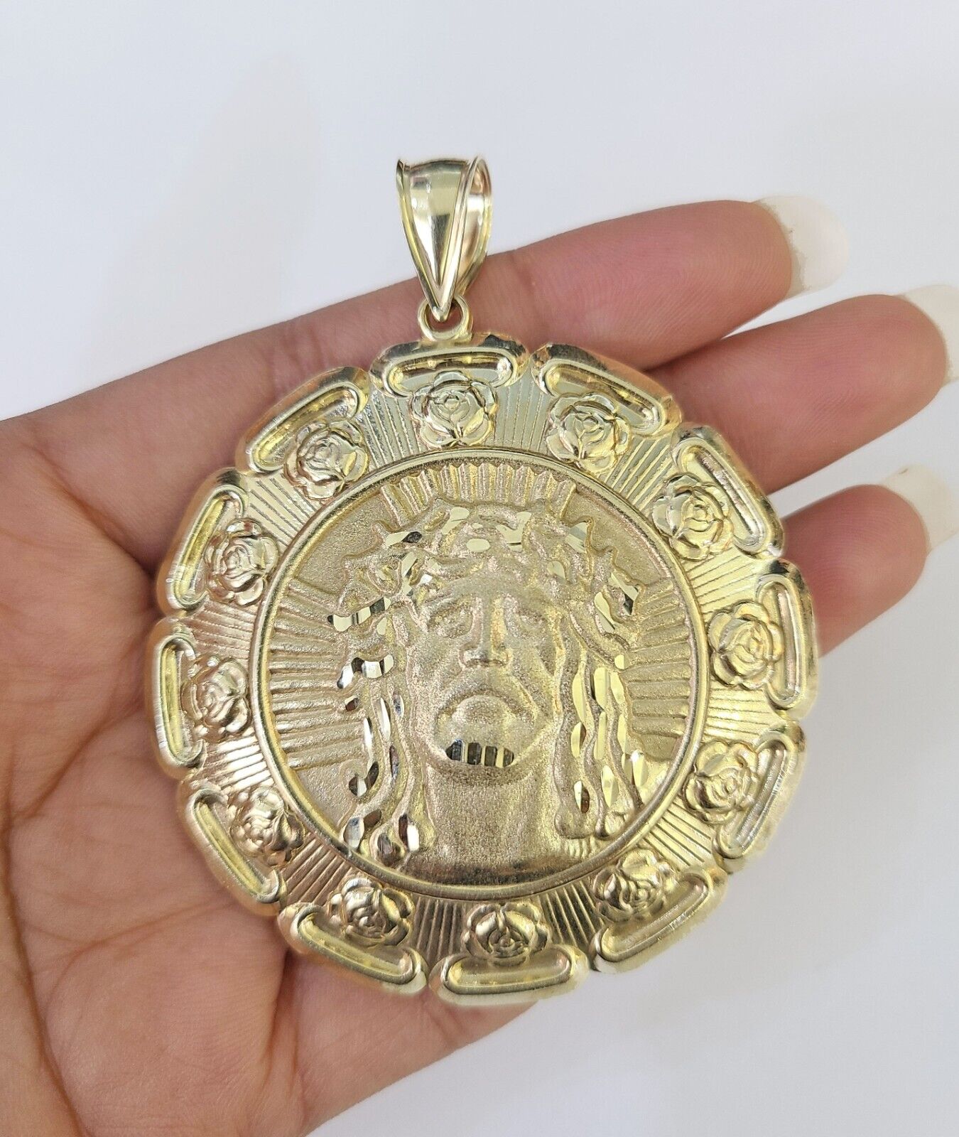 Real 10K Jesus Virgin Mary Pendent Charm Two Sided 10kt yellow Gold 3" Guadalupe