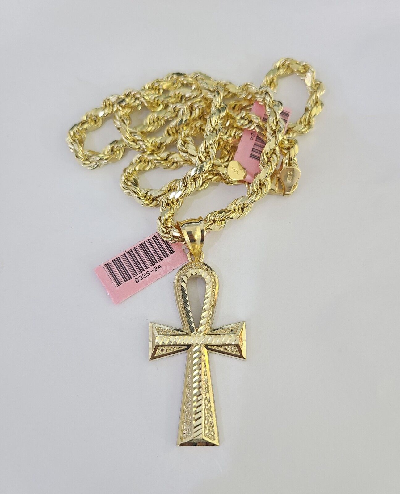 Real 14k Rope Chain Ankh Cross Charm Set 6mm 18"-28" Necklace Yellow Gold