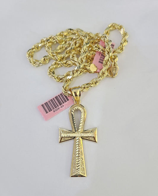 Real 14k Rope Chain Ankh Cross Charm Set 6mm 18"-28" Necklace Yellow Gold