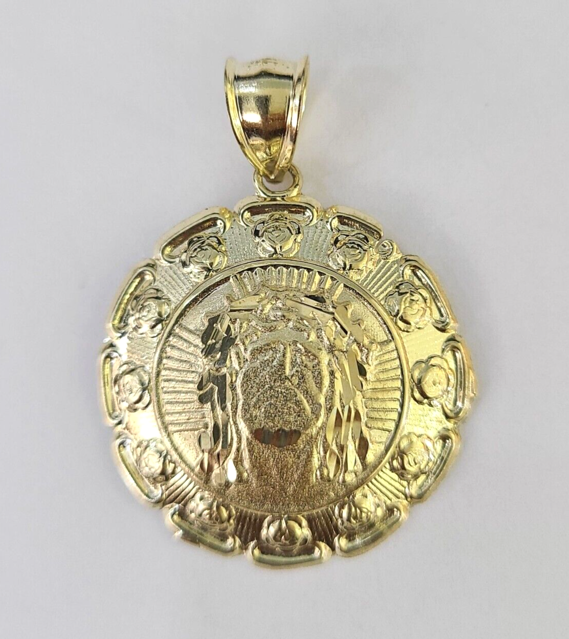 Real 10K Jesus Virgin Mary Pendent Charm 10kt yellow Gold 1.5" Guadalupe