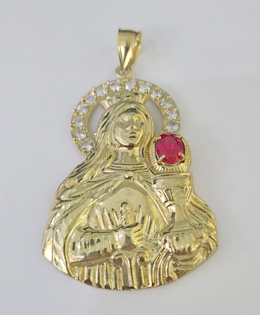 Real 10K Gold Saint Barbara Charm Shiny Cut 10kt yellow Gold Pendent 3"