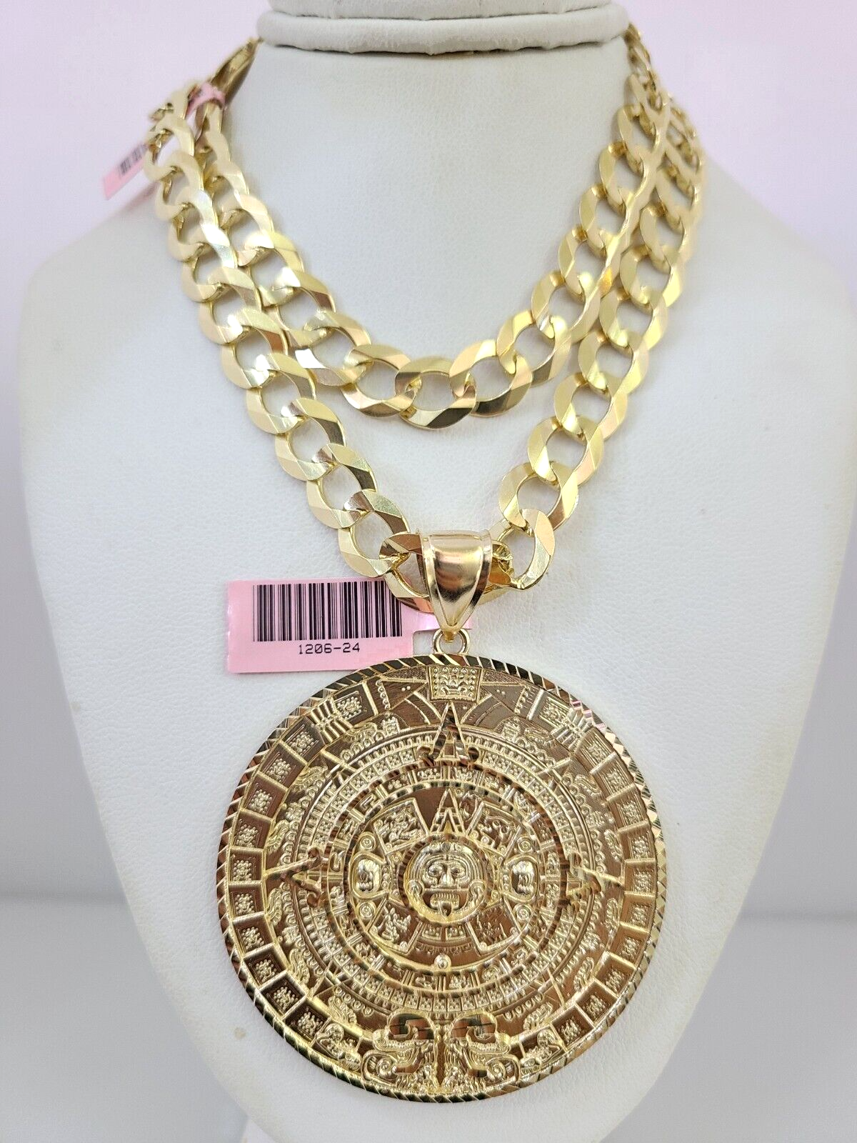 14k Gold Chain Mayan Calendar Charm Solid Cuban Curb 10mm 20"-30" SET Necklace