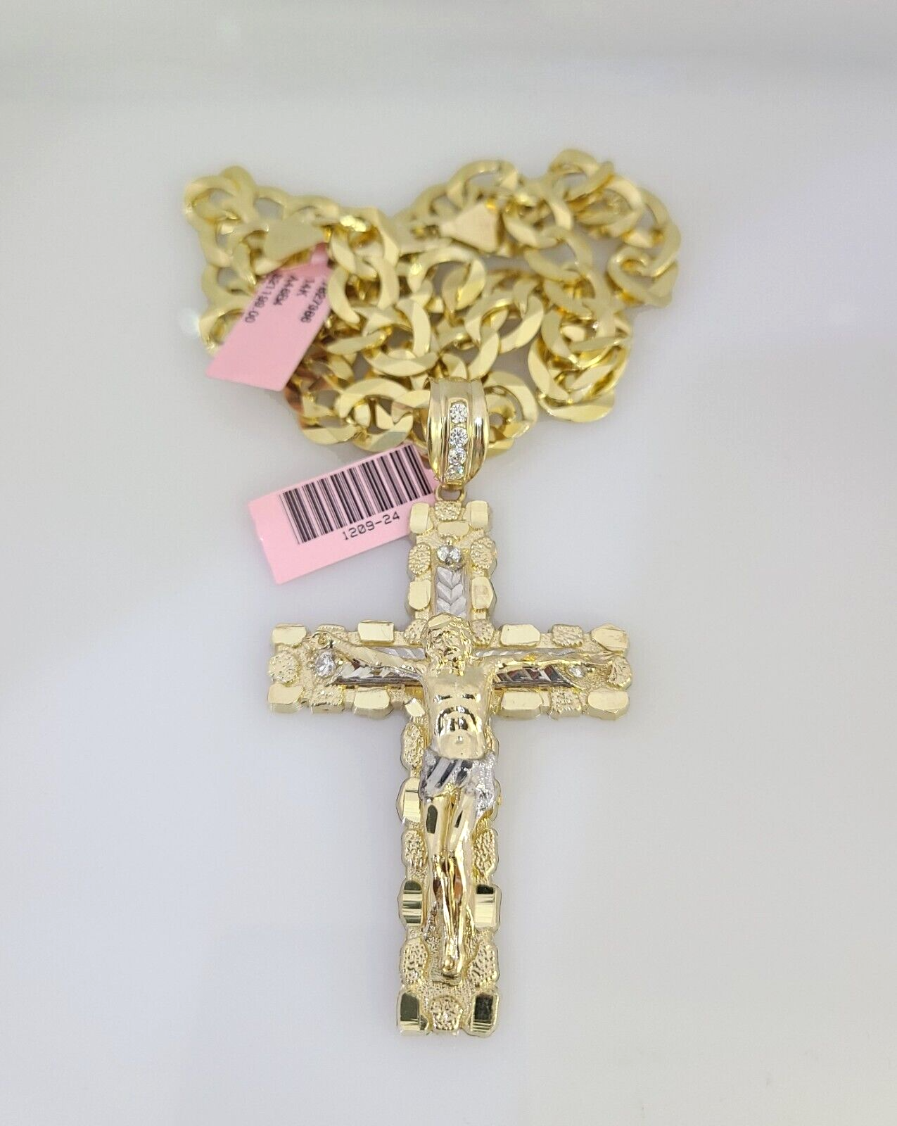 14k Gold Chain Jesus Cross Charm Solid Cuban Curb 10mm 20"-30" SET Necklace