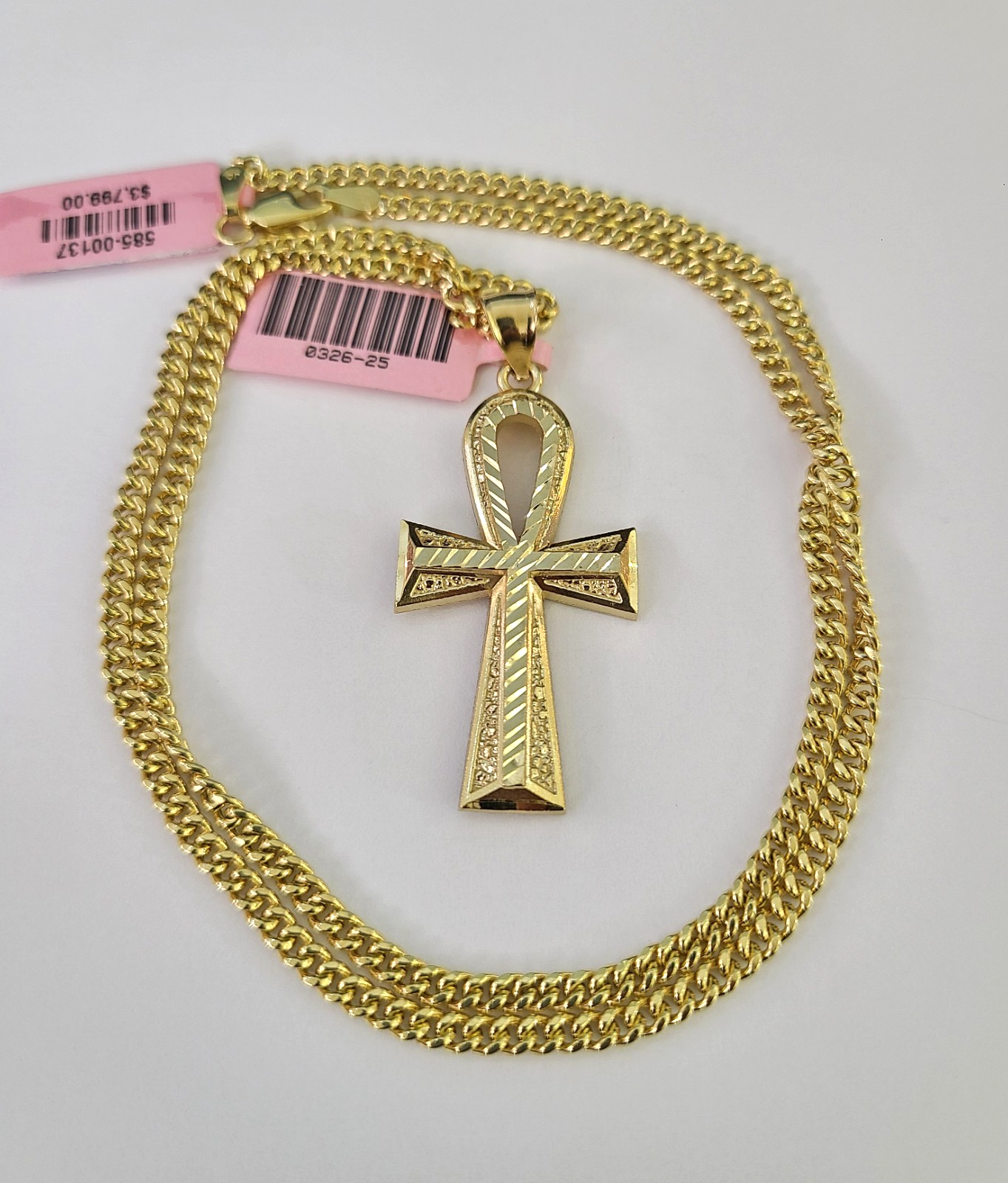 14k Miami Cuban Chain Ankh Cross Charm Pendant 3mm 18"24" inch SET Necklace