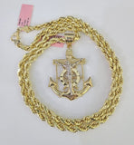 Real 14k Rope Chain Jesus Anchor Charm Set 6mm 18"-28" Necklace Yellow Gold