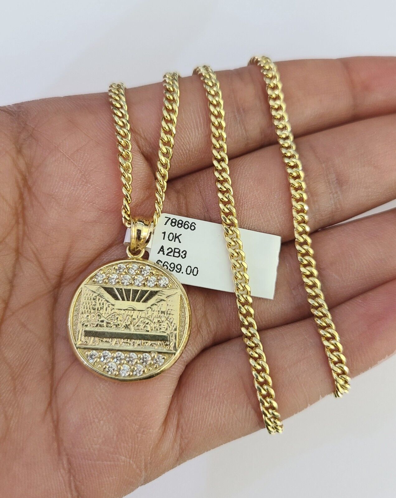 10K Gold Miami Cuban Chain Mayan Calendar 18"-28" 3mm Pendant Necklace SET