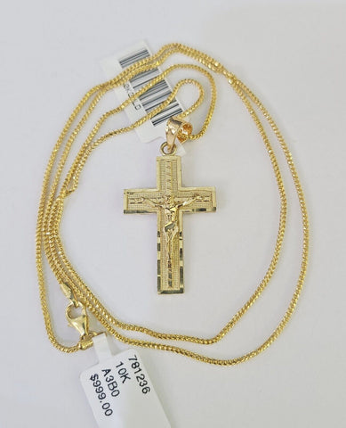 10K Solid Franco Chain Jesus Cross Pendant Charm Necklace 18"-24" 1.5mm Gold