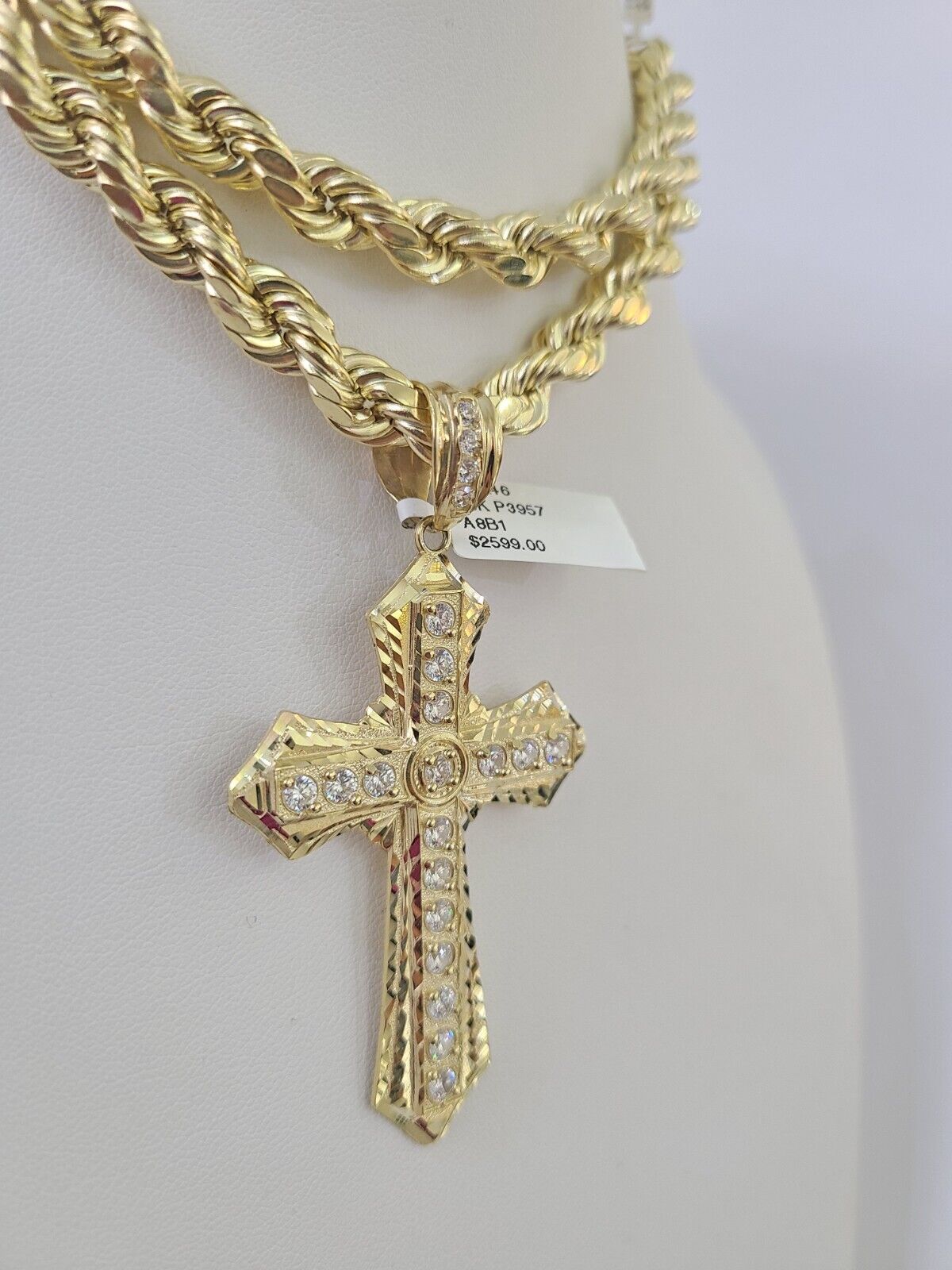 Real 10k Rope Chain Jesus Cross Charm Set 8mm 20"-30" Inch Necklace Yellow Gold