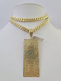 10K Miami Cuban Link Chain 100 Dollar Bill Pendent Charm 8mm 20"-30" Necklace