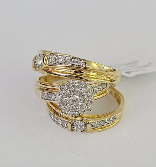 REAL 14k Diamond Ring Yellow Gold Ladies Men Trio SET Wedding Engagement Genuine