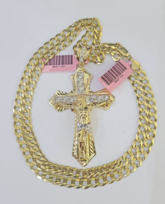 14k Gold Chain Jesus Cross Charm Solid Cuban Curb 5mm 20"-26" Inch SET Necklace