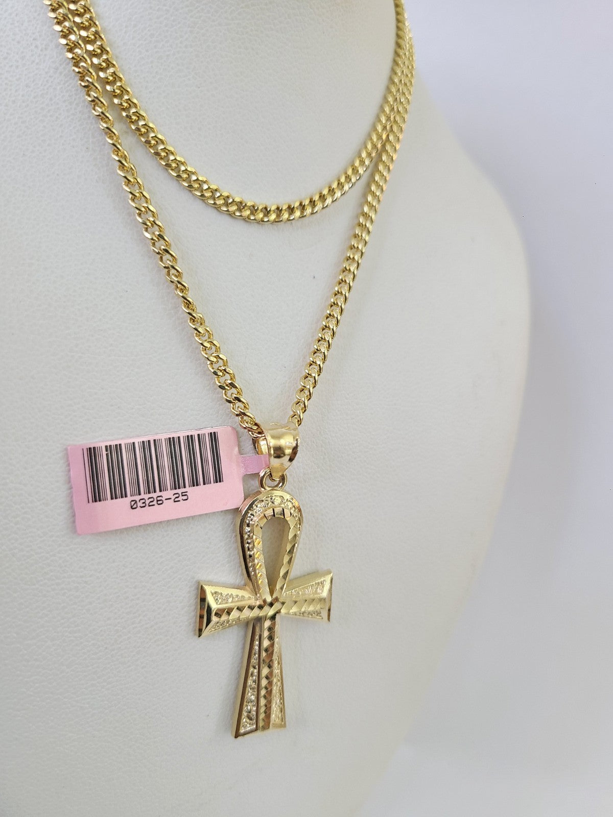 14k Miami Cuban Chain Ankh Cross Charm Pendant 3mm 18"24" inch SET Necklace