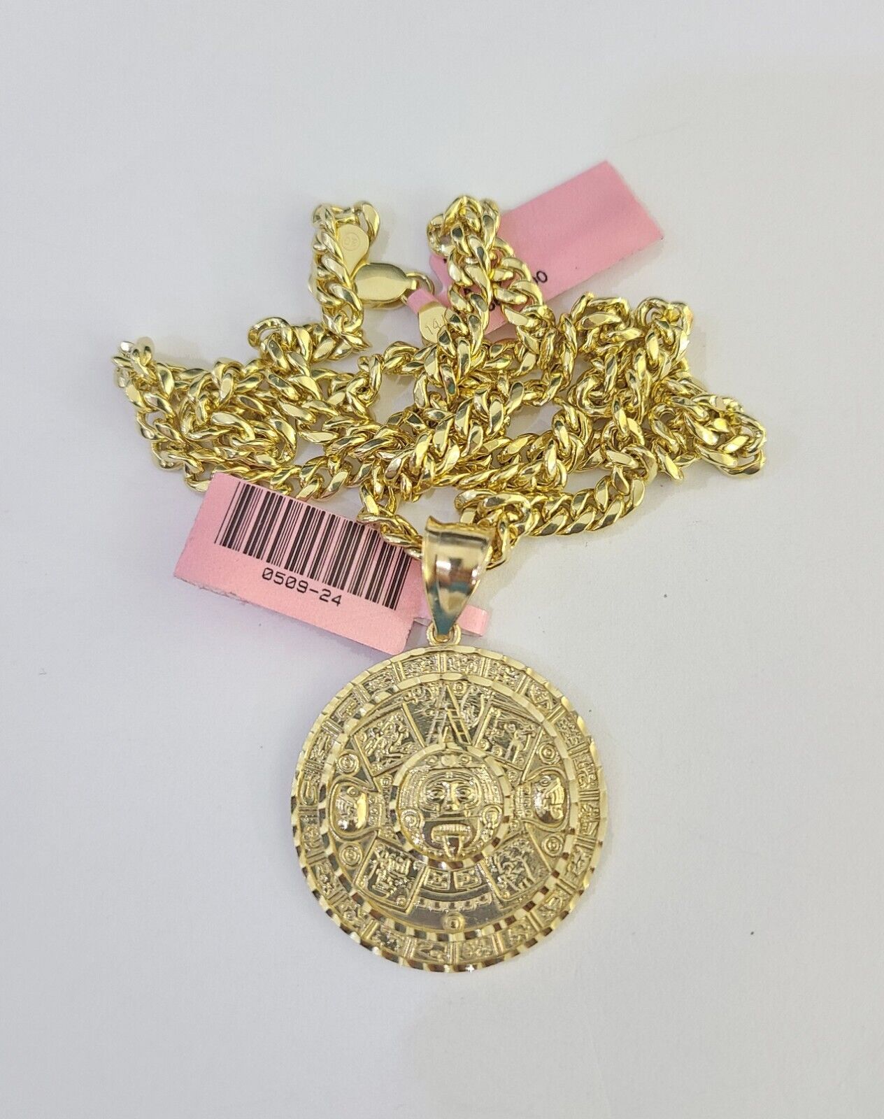 14k Chain Mayan Calendar Charm Set Miami Cuban Link 5mm 18"-30" Necklace Pendant