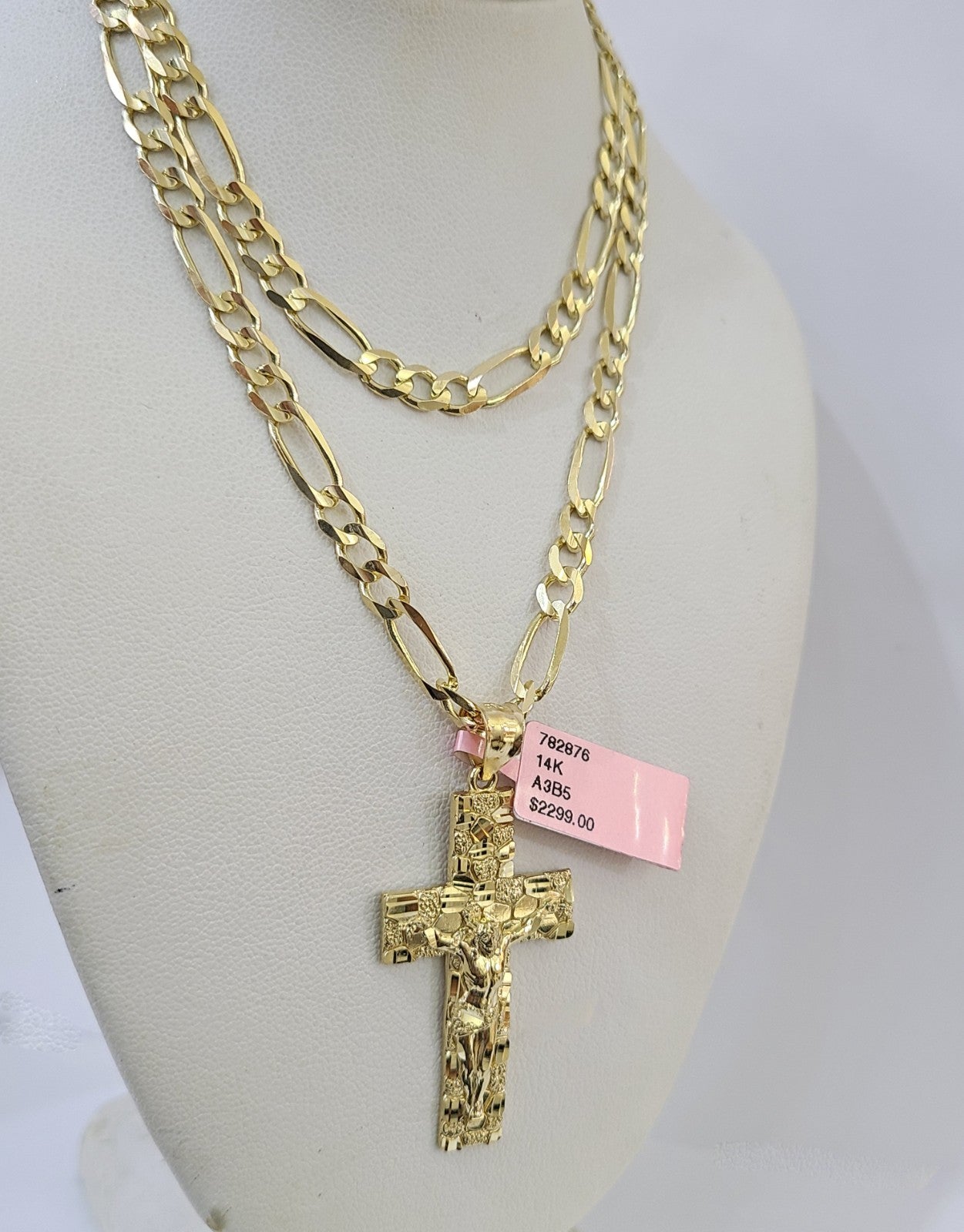 14k Solid Figaro Chain Nugget Cross Pendant Gold 5mm 18-28 inch SET Necklace