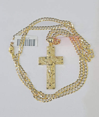 14k Gold Chain Cross Charm Solid Cuban Curb Link 3mm 18"-26" Inch Diamond CutSET
