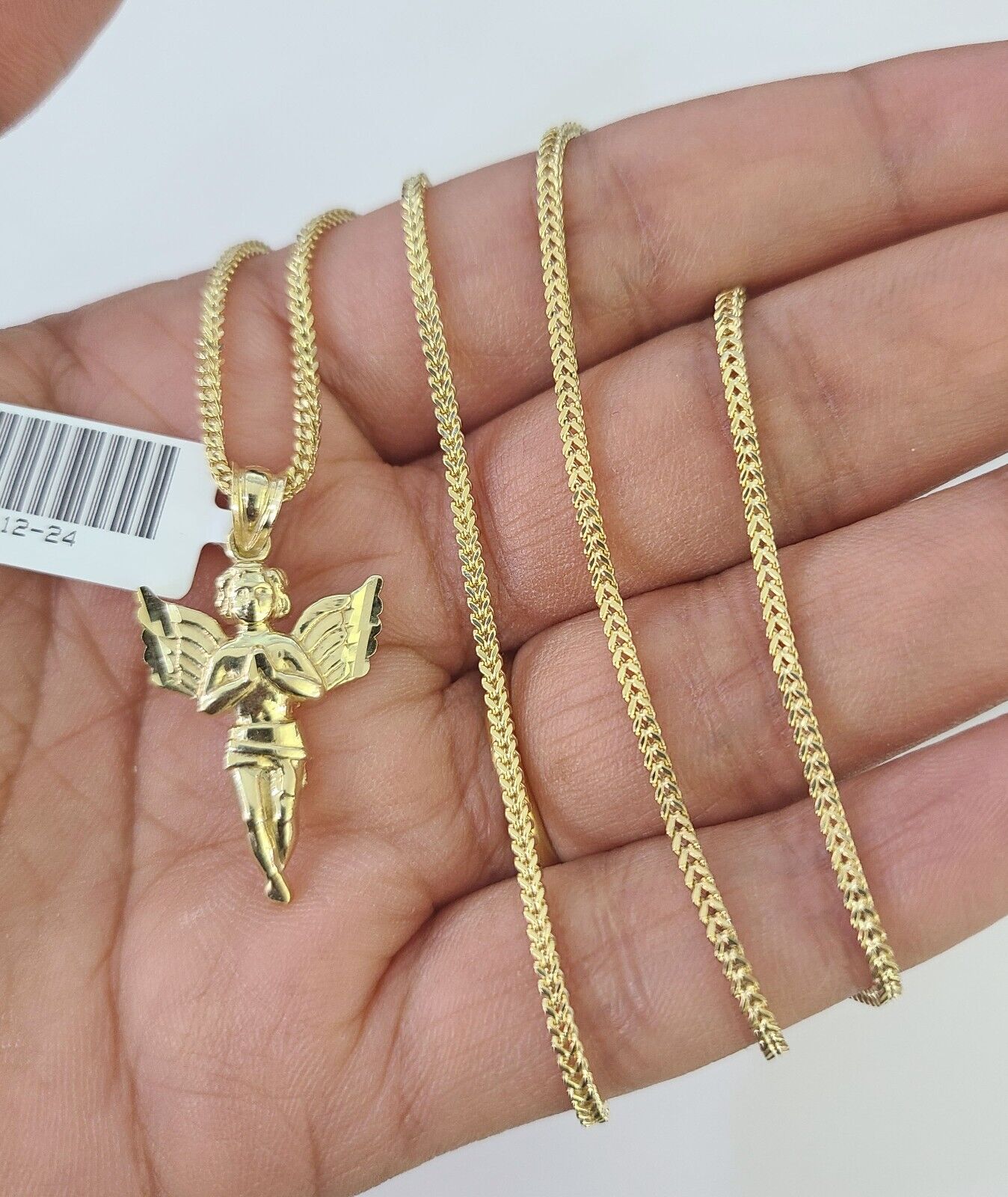 10K Solid Franco Chain Praying Angel Pendant Charm Necklace 18"-24" 1mm Gold