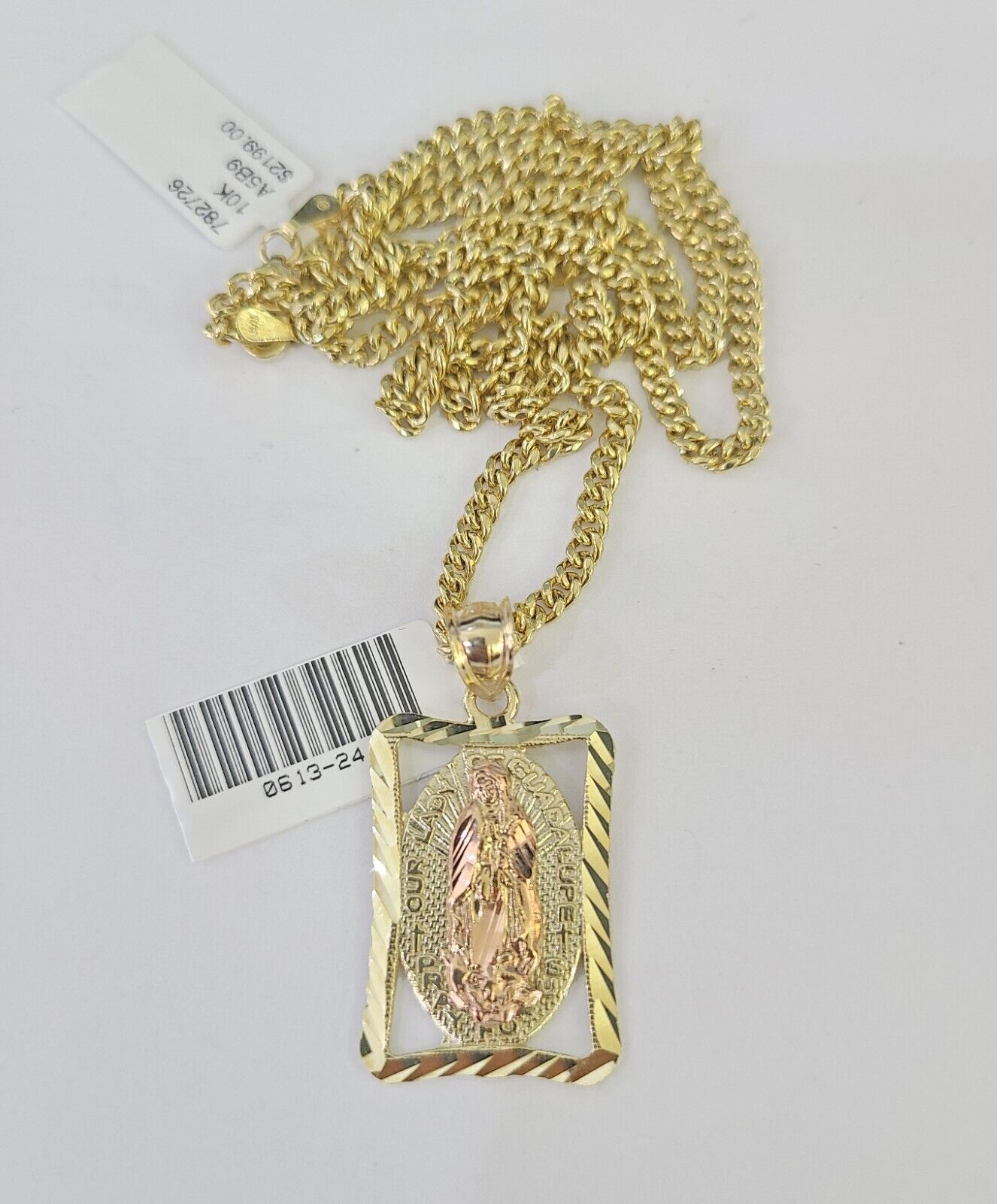 10K Gold Miami Cuban Chain Virgin Mary Charm 20"-28" 3mm REAL Pendant