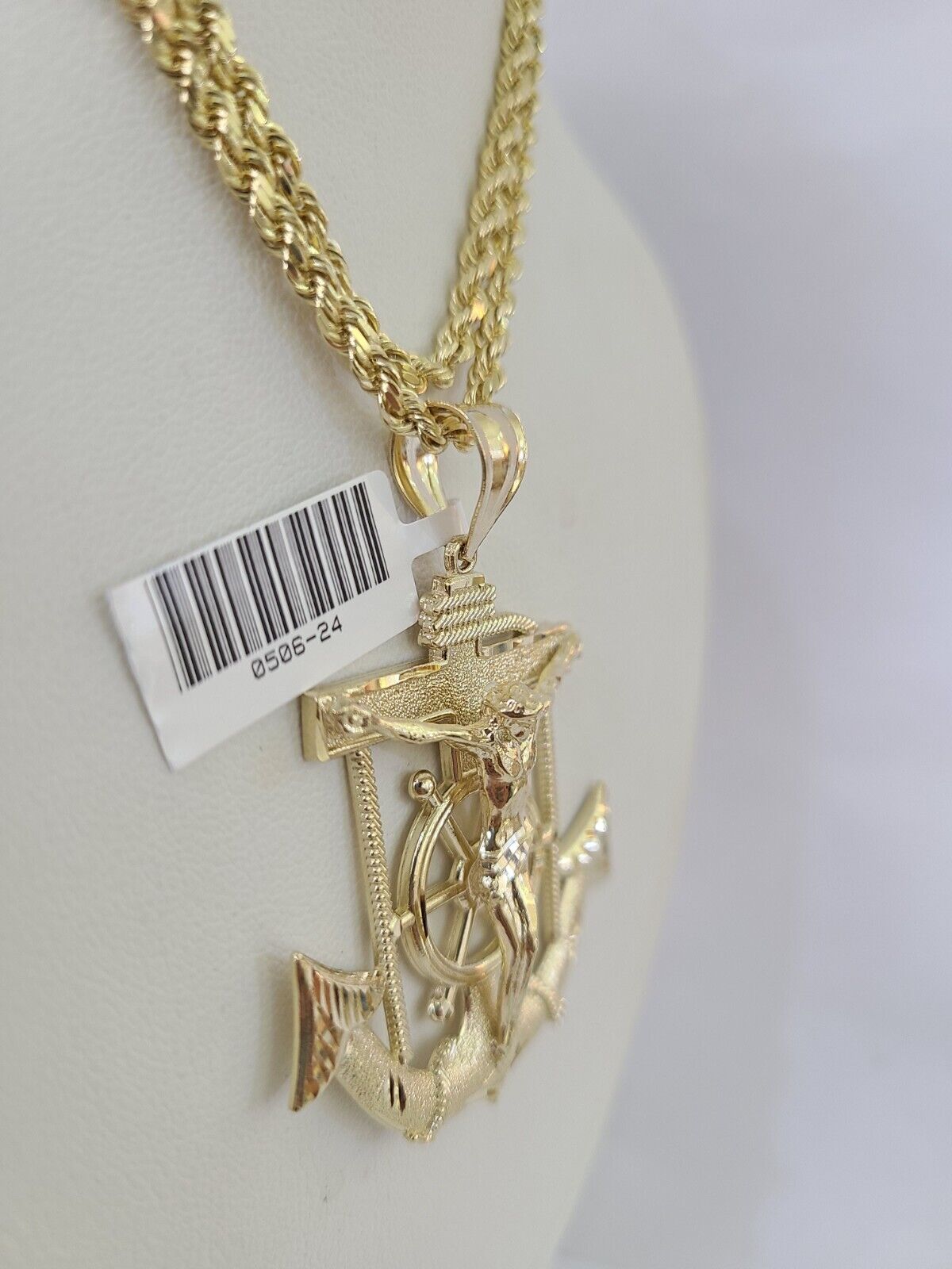 Real 10k Solid Rope Chain Jesus Anchor Charm Set 3mm 20"-30" Inch Necklace Gold