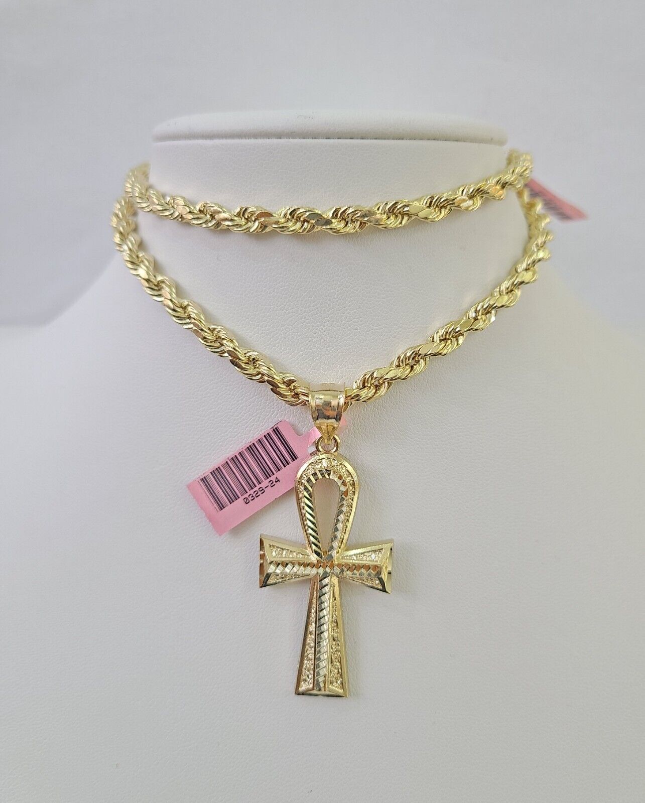 Real 14k Rope Chain Ankh Cross Charm Set 6mm 18"-28" Necklace Yellow Gold