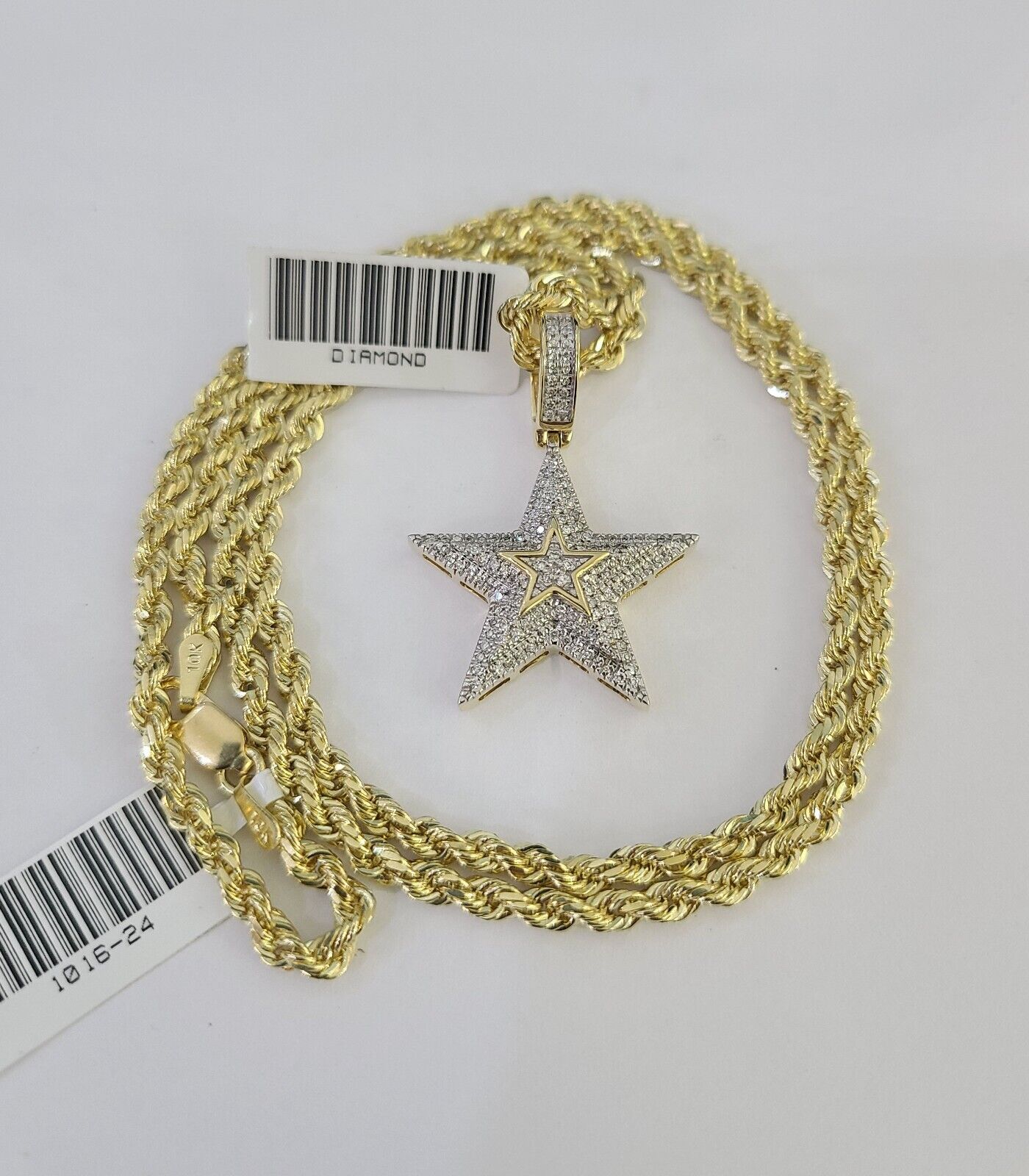 10k Solid Rope Chain 3mm Diamond Star Pendant Charm Necklace SET 18-26 in