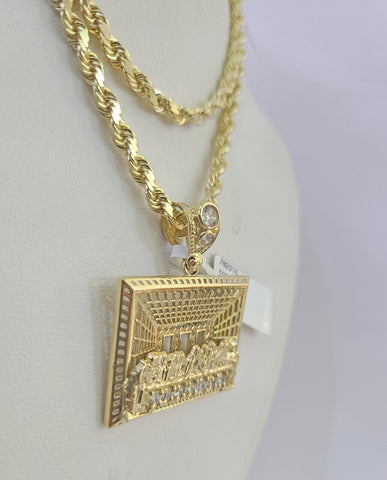 10k Solid Rope Chain Last Supper Charm Set 4mm 18"-30" Necklace Gold Pendant